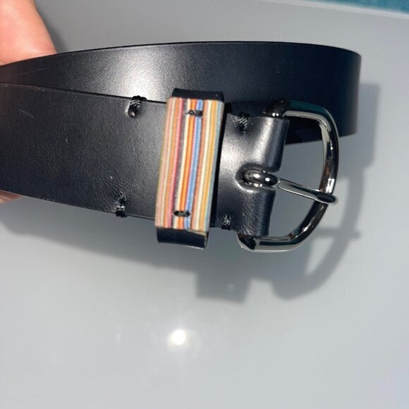 Paul Smith Womens Adjustable Belt Size 28 Black Stripe Italian Leather - Picture 1 of 8